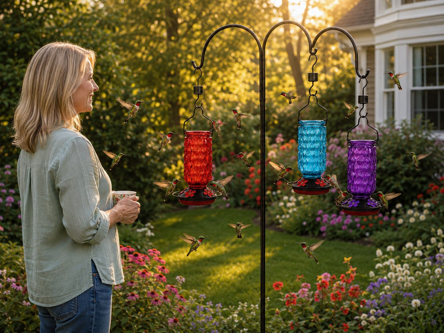 Meadowa hummingbird feeders in a backyard with a birdwatcher