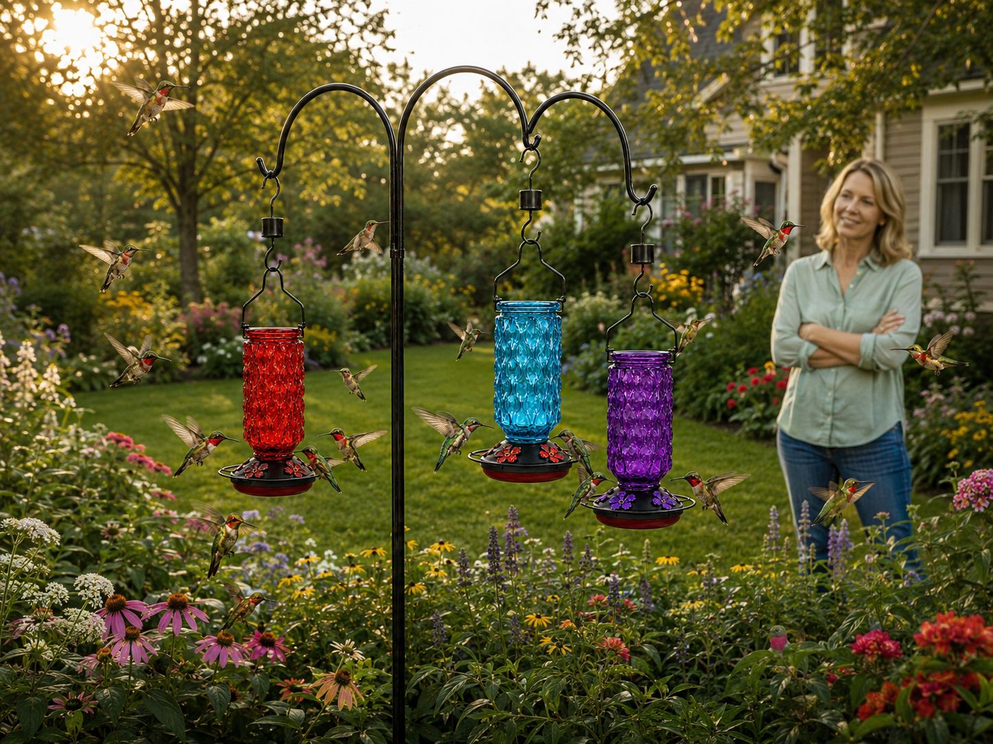 Meadowa hummingbird feeders and hummingbirds in a backyard garden