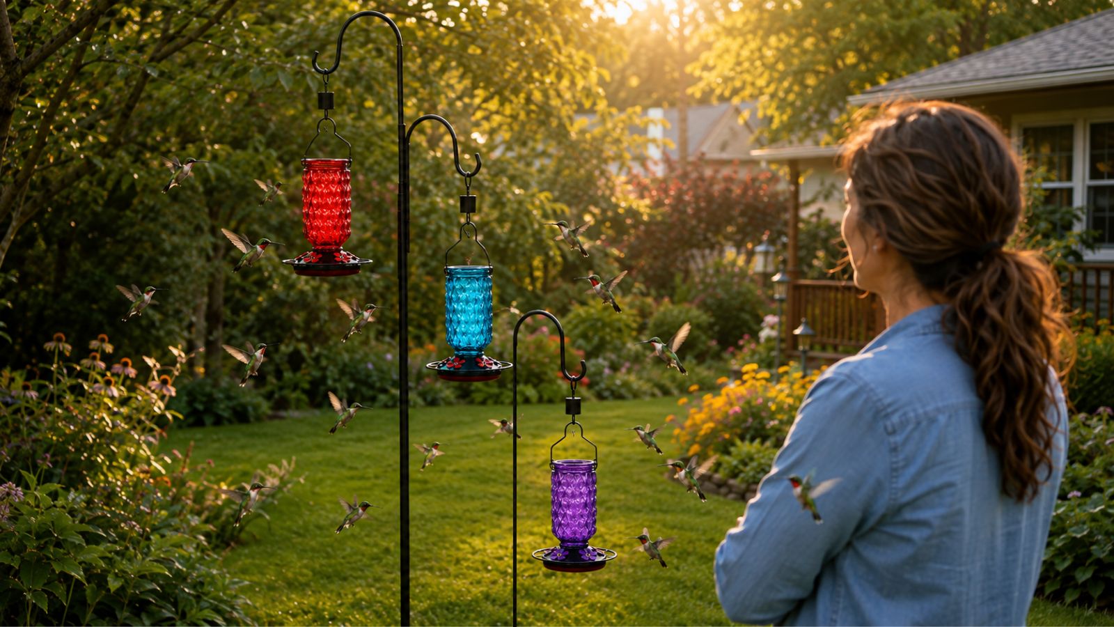 Meadowa hummingbird feeders in a backyard with a birdwatcher