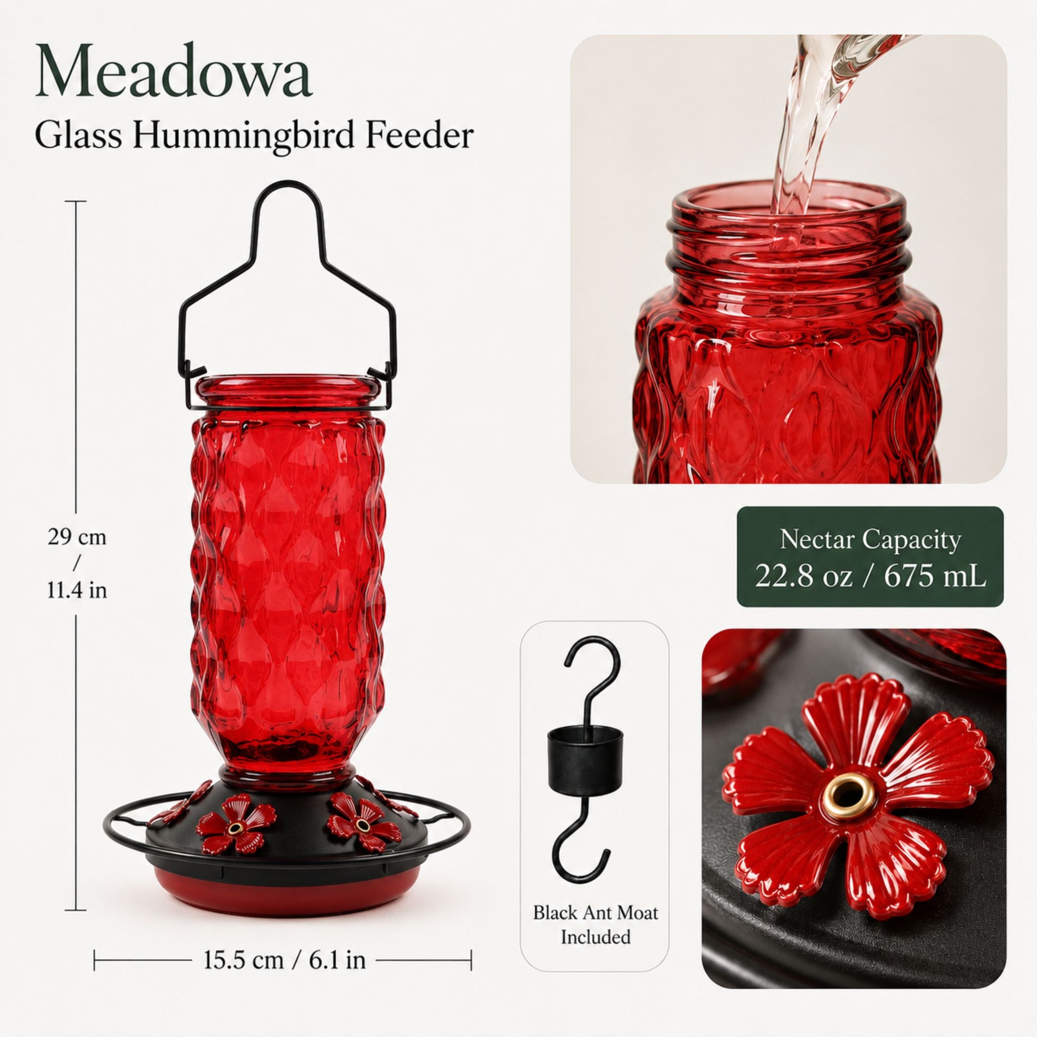 Close up of the textured red glass on the Meadowa feeder